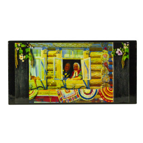 Шкатулка "Бабушка и Дедушка у окна", простой узор по краю, 17х8х3,5