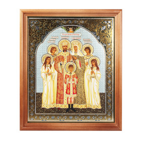 Икона «Царская семья» деревянная рама, двойное тиснение, под стеклом, 13 x 15 см
