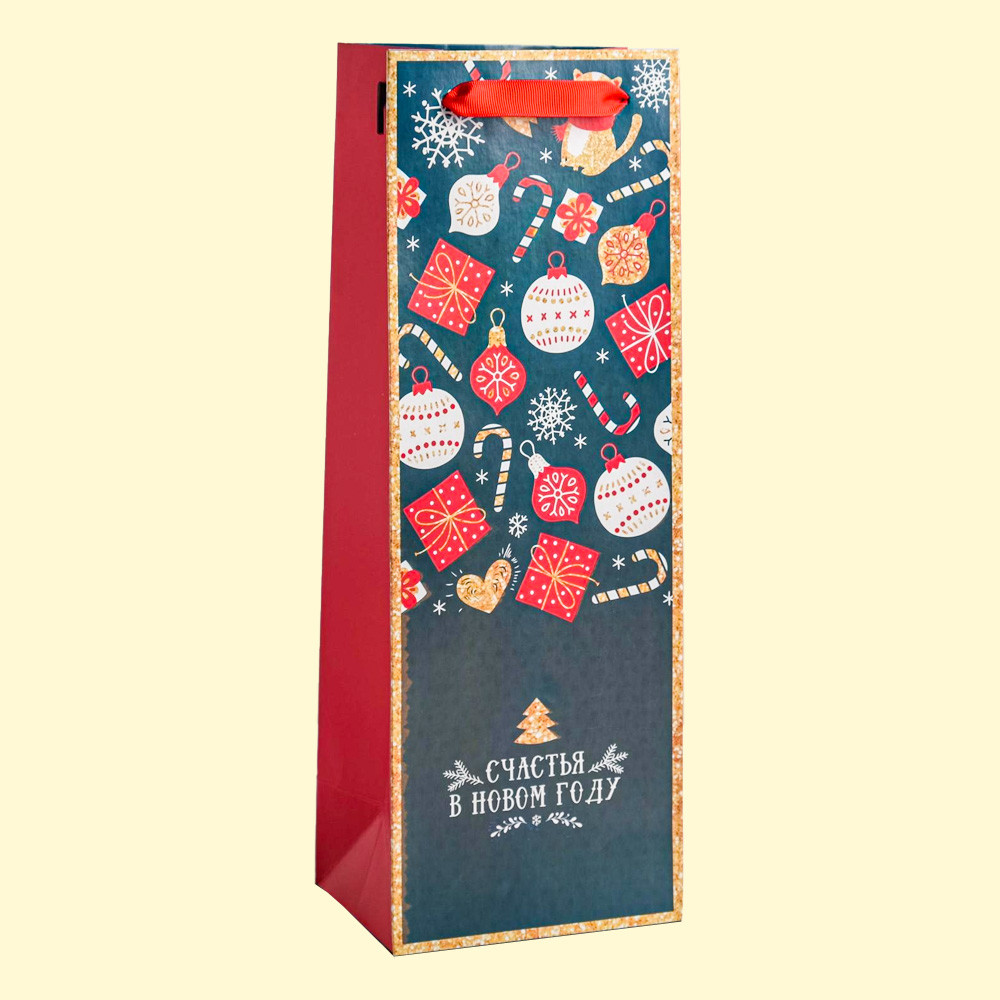 Пакет под бутылку - Счастья в Новом году, 13 × 36 × 10 см
