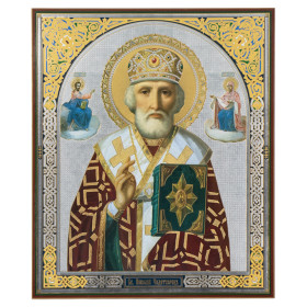 Икона Николай Чудотворец  с предстоящими, 30 x 40 см, деревянная, двойное тиснение