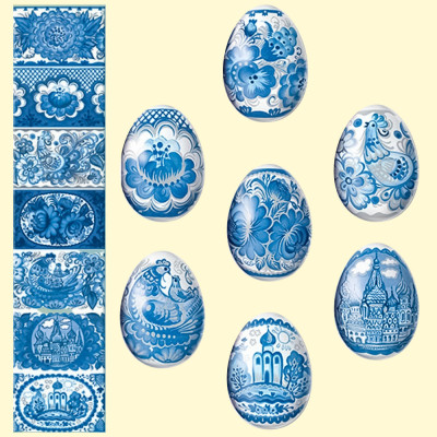 Декоративная пасхальная плёнка Гжель, 7 различных мотивов в наборе