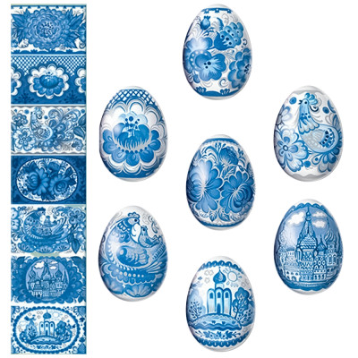 Декоративная пасхальная плёнка Гжель, 7 различных мотивов в наборе