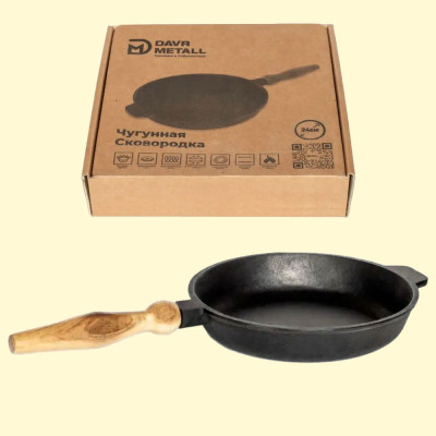 Сковорода чугунная Ø 24 см с деревянной съемной ручкой, высота 4 см