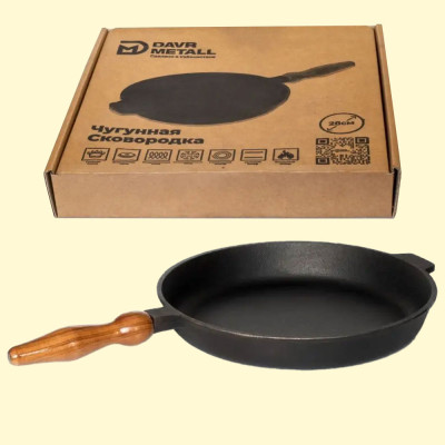 Сковорода чугунная Ø 28 см с деревянной съемной ручкой, высота 4 см