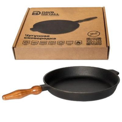 Сковорода чугунная Ø 28 см с деревянной съемной ручкой, высота 4 см