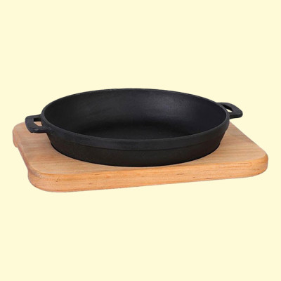 Чугунная сервировочная сковорода 20x4 см, с деревянной сервировочной доской