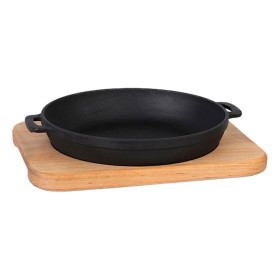 Чугунная сервировочная сковорода 20x4 см, с деревянной сервировочной доской