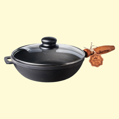 Чугунная сковорода с деревянной ручкой и стеклянной крышкой 28×6 см