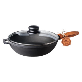 Чугунная сковорода с деревянной ручкой и стеклянной крышкой 28×6 см