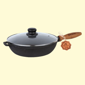 Чугунная сковорода с деревянной ручкой и стеклянной крышкой 24×4 см