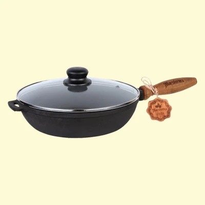 Чугунная сковорода с деревянной ручкой и стеклянной крышкой 24×4 см
