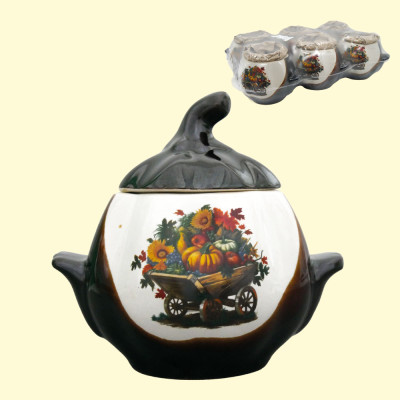 Горшок тыква белокоричневый с ручками 0,75 л для выпекания деколь телега (набор из 6 горшков)