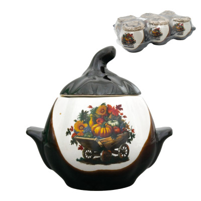 Горшок тыква белокоричневый с ручками 0,75 л для выпекания деколь телега (набор из 6 горшков)