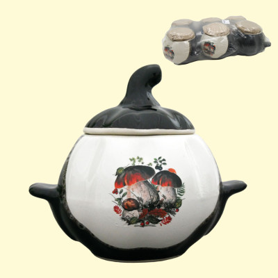 Горшок тыква белокоричневый с ручками 0,75 л для выпекания деколь гриби (набор из 6 горшков)