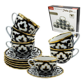 Кофейный сервиз Пахта Гул 12 частей, 6 чашек + 6 блюдец, белый-синий-золото, Узбекистан