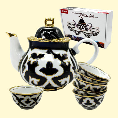 Чайный сервиз Пахта Гул 7 частей, 1 чайник (0,9 л) + 6 пиал, белый-синий-золото, Узбекистан