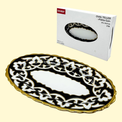 Овальная тарелка Пахта Гул синяя с золотом 3 шт Узбекистан 23 х 14,4 см