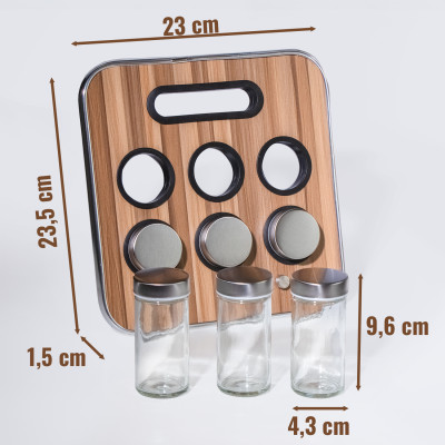 Подставка для специй с 6 баночками, стекло и нержавеющая сталь,корпус под дерево, 23 × 23,5 × 1,5 см