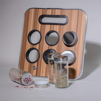 Подставка для специй с 6 баночками, стекло и нержавеющая сталь,корпус под дерево, 23 × 23,5 × 1,5 см