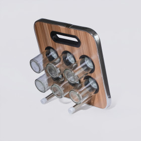 Подставка для специй с 6 баночками, стекло и нержавеющая сталь,корпус под дерево, 23 × 23,5 × 1,5 см