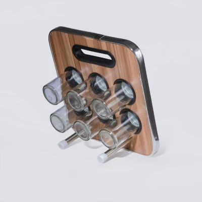 Подставка для специй с 6 баночками, стекло и нержавеющая сталь,корпус под дерево, 23 × 23,5 × 1,5 см