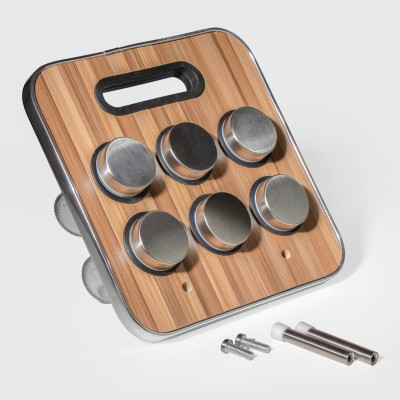 Подставка для специй с 6 баночками, стекло и нержавеющая сталь,корпус под дерево, 23 × 23,5 × 1,5 см