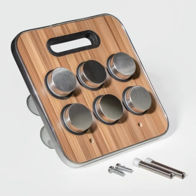 Подставка для специй с 6 баночками, стекло и нержавеющая сталь,корпус под дерево, 23 × 23,5 × 1,5 см