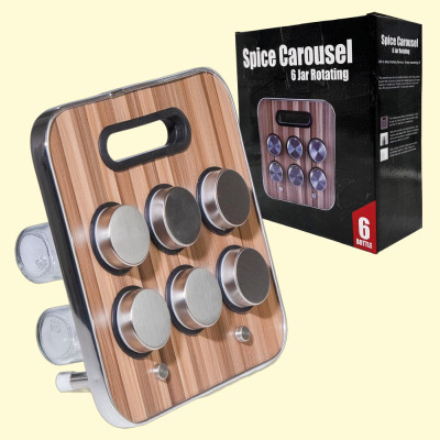 Подставка для специй с 6 баночками, стекло и нержавеющая сталь,корпус под дерево, 23 × 23,5 × 1,5 см