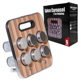 Подставка для специй с 6 баночками, стекло и нержавеющая сталь,корпус под дерево, 23 × 23,5 × 1,5 см