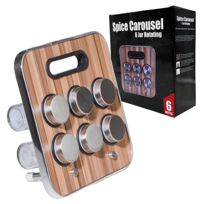 Подставка для специй с 6 баночками, стекло и нержавеющая сталь,корпус под дерево, 23 × 23,5 × 1,5 см