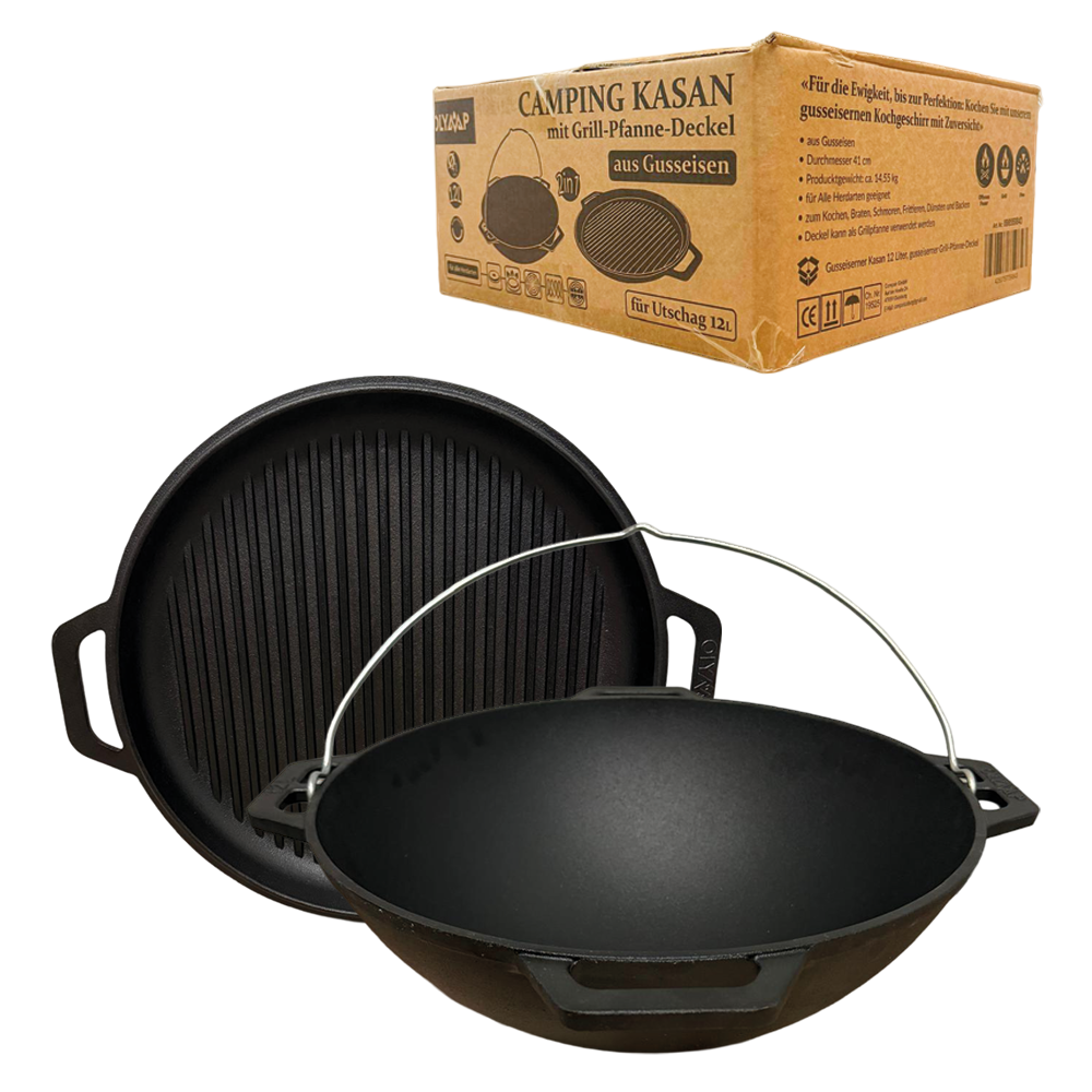 Казан Азиатский с крышкой - гриль - сковородой из чугуна, 12 л,
