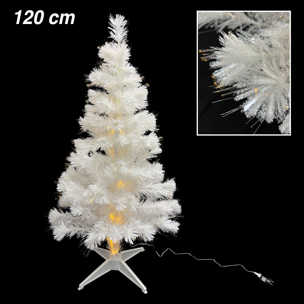 Ёлочка новогодняя белая, пушистая, со световыми волокнами (тёплый жёлтый, 8 режимов), 120 см