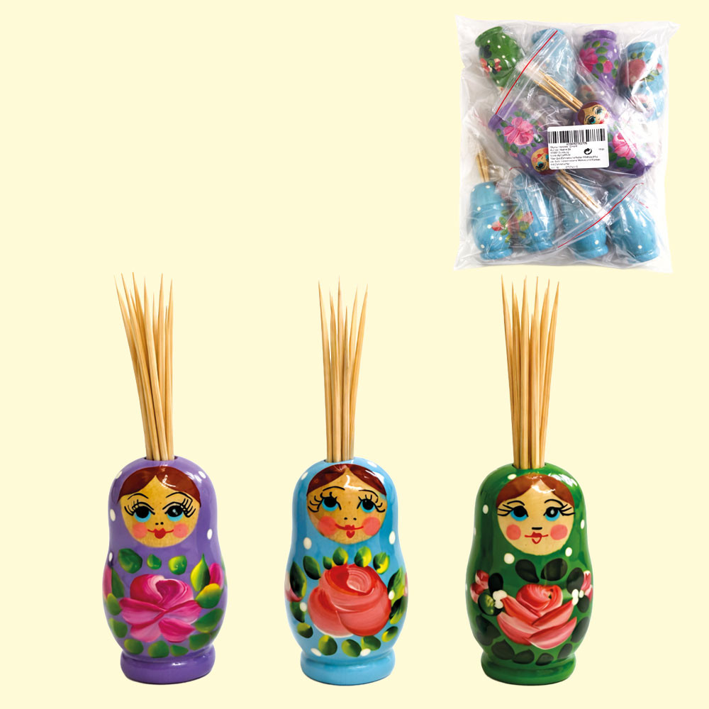 Подставка под зубочистки Матрёшка 6 см, разные мотивы и цвета, с зубочистками, сет 10 шт.
