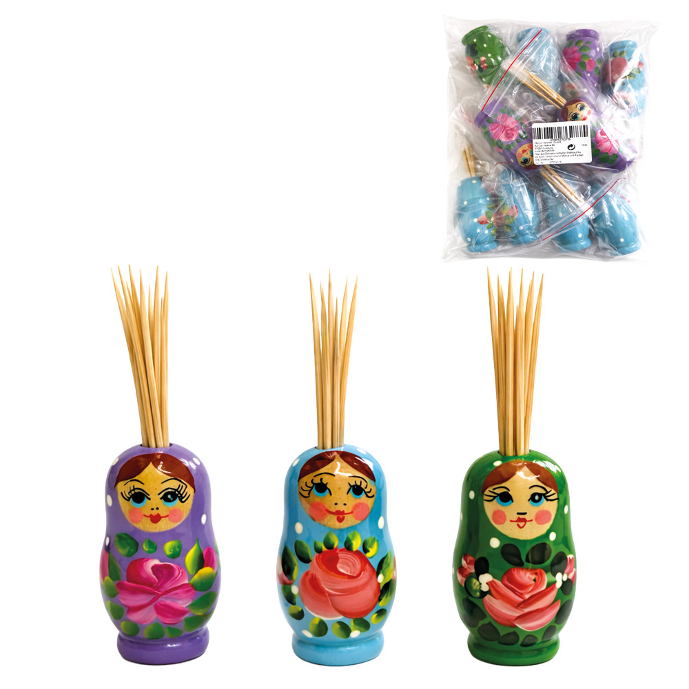 Подставка под зубочистки Матрёшка 6 см, разные мотивы и цвета, с зубочистками, сет 10 шт.