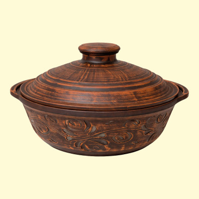 Керамическая сковорода 1,8 л с ручками и крышкой, с декором, из натуральной глины