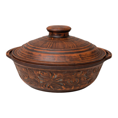 Керамическая сковорода 1,8 л с ручками и крышкой, с декором, из натуральной глины