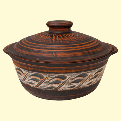 Керамическая жаровня 2  л с ручками и крышкой, Ангоб, из натуральной глины