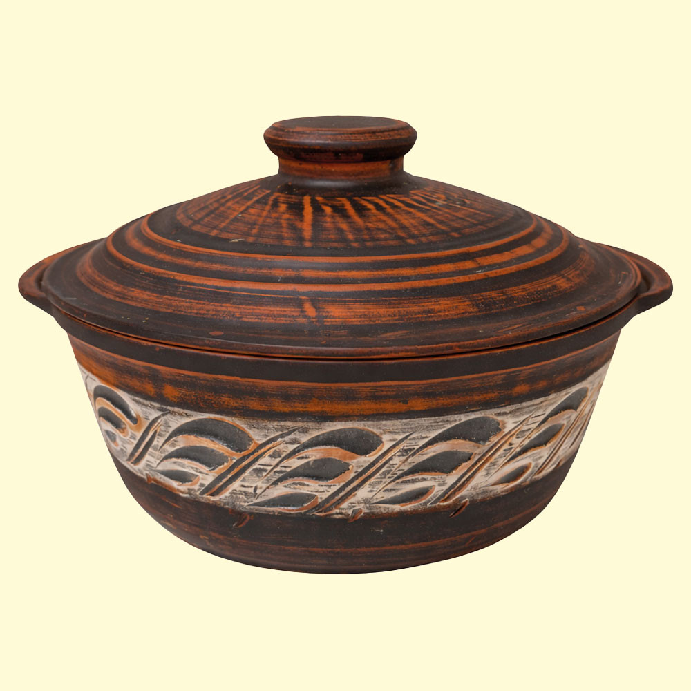 Керамическая жаровня 2  л с ручками и крышкой, Ангоб, из натуральной глины