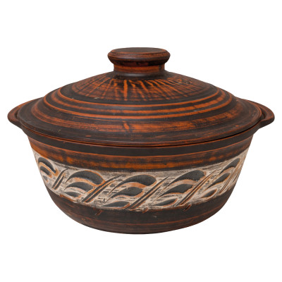 Керамическая жаровня 2  л с ручками и крышкой, Ангоб, из натуральной глины