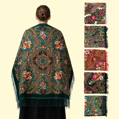 Платок с бахромой Цветы, шерсть 80%, вискоза 20%, 110×110 см