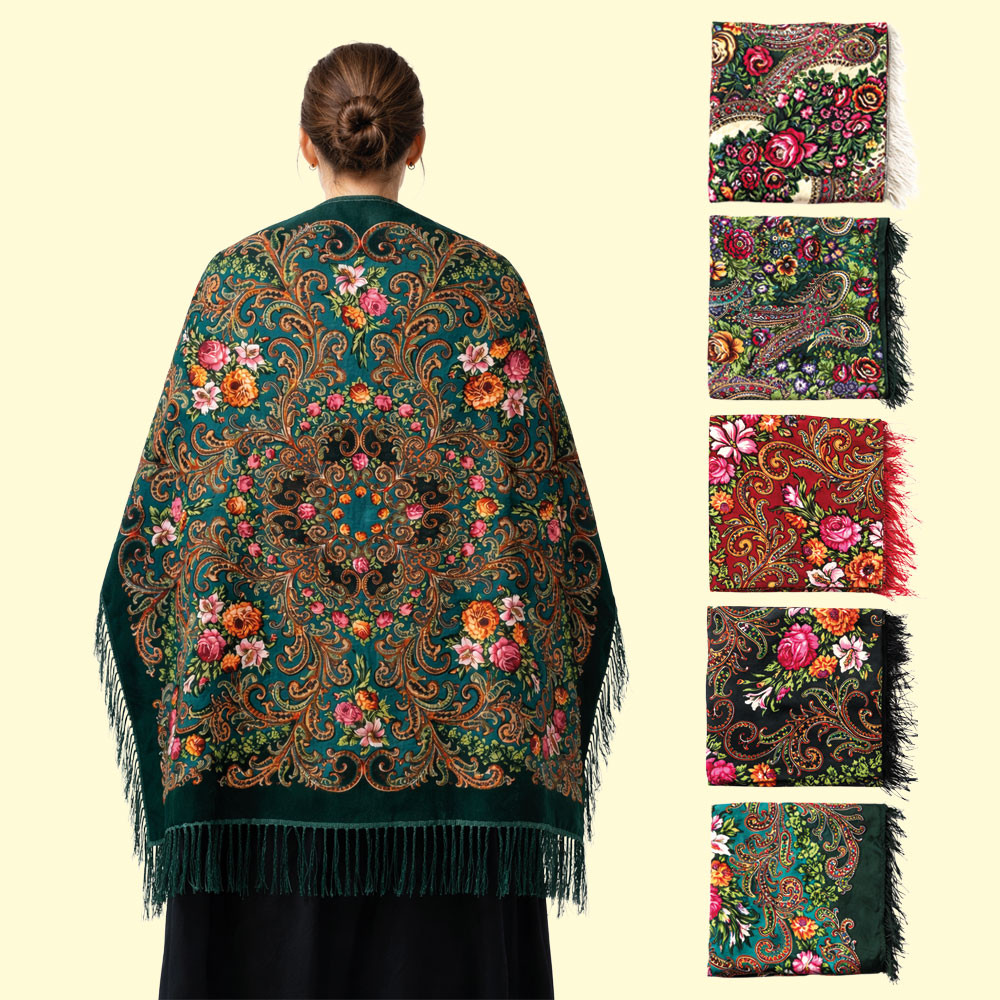 Платок с бахромой Цветы, шерсть 80%, вискоза 20%, 110×110 см