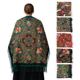Платок с бахромой Цветы, шерсть 80%, вискоза 20%, 110×110 см