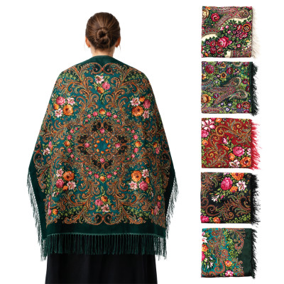 Платок с бахромой Цветы, шерсть 80%, вискоза 20%, 110×110 см