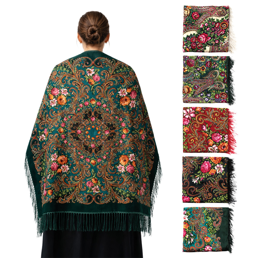 Платок с бахромой Цветы, шерсть 80%, вискоза 20%, 110×110 см