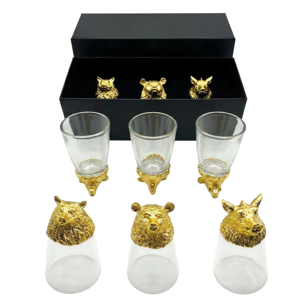 Подарочный набор Дикие животные, рюмки-перевёртыши 3 шт. по 30 мл (волк, кабан, медведь), золото