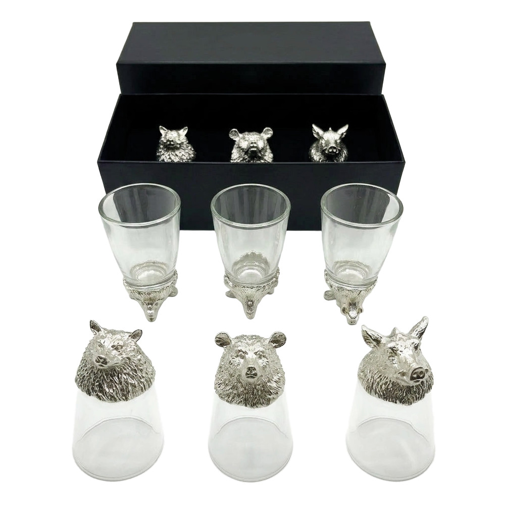 Подарочный набор Дикие животные, рюмки-перевёртыши 3 шт. по 30 мл (волк, кабан, медведь), серебро