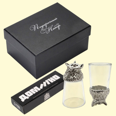 Подарочный набор 3 в 1 – Волк серебристый, рюмки-перевёртыши 2 шт. по 30 мл, домино
