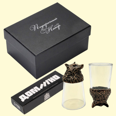 Подарочный набор 3 в 1 – Волк бронзовый, рюмки-перевёртыши 2 шт. по 30 мл, домино