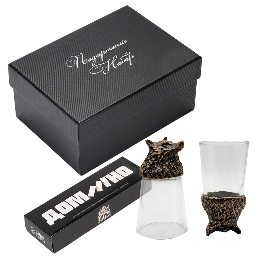 Подарочный набор 3 в 1 – Волк бронзовый, рюмки-перевёртыши 2 шт. по 30 мл, домино