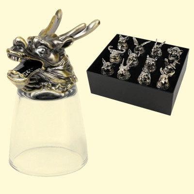 Набор рюмок-перевёртышей подарочный - Китайский гороскоп, 12 шт, 30 мл, металл, стекло, бронза